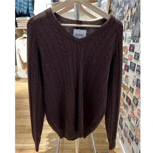 Women's Clothing Autumn Winter Retro V-neck Cable-knit Sweater