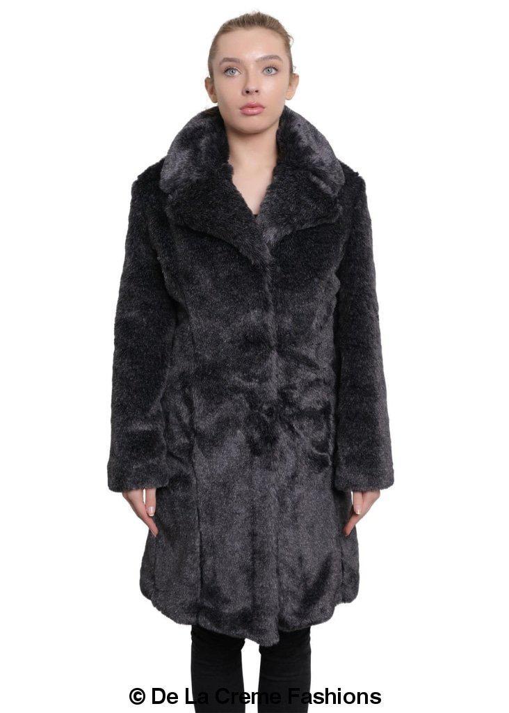 De La Creme - Womens Faux Fur Large Lapel Mid Length Coat