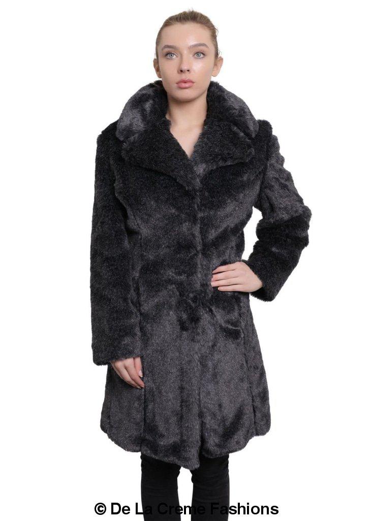 De La Creme - Womens Faux Fur Large Lapel Mid Length Coat