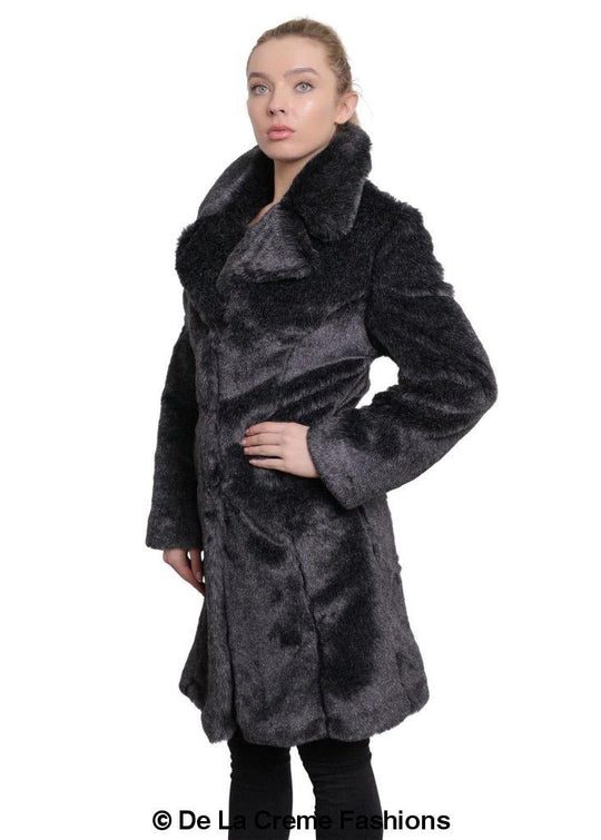 De La Creme - Womens Faux Fur Large Lapel Mid Length Coat