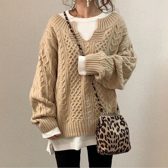 Autumn And Winter Loose Knit Temperament Round Neck Ladies Cotton Stitching Women's Clothing